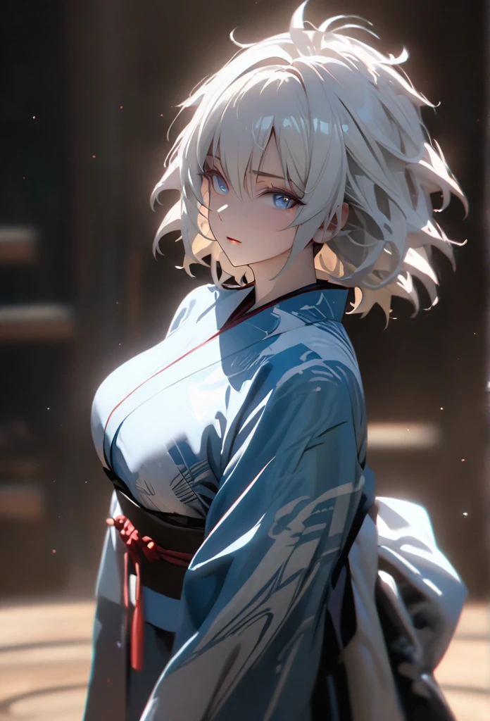 (solo), white hair, messy hair, mane hair, short hair, dense hair, wild hair, expressive hai,(25 year old), pale skin, ((Female)), blue eyes, beautiful girl, wearing a white and blue decoration kimono, beautiful, attractive, huge breast, big ass, Yin, eye reflection, depth of field, thunder aura, cinematic lighting, ray tracing, depth of field, cinematic lighting, ray tracing, UHD, high details, best quality, highres, high quality, award winning, super detail, masterpiece, 8k, UHD, high details, best quality, highres, high quality, award winning, super detail, masterpiece, 8k, digital art, anime coloring, body shot, full body, back shot, good face, perfect face, detailed face, good eyes. The background is space. A whitehole in the background.
