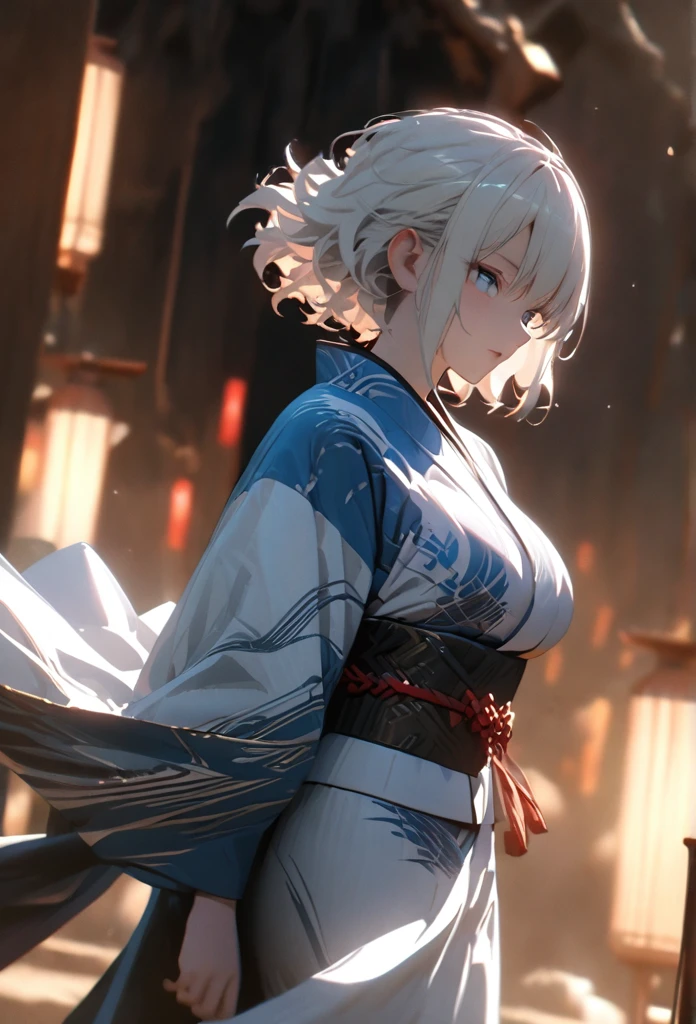 (solo), white hair, messy hair, mane hair, short hair, dense hair, wild hair, expressive hai,(25 year old), pale skin, ((Female)), blue eyes, beautiful girl, wearing a white and blue decoration kimono, beautiful, attractive, huge breast, big ass, Yin, eye reflection, depth of field, thunder aura, cinematic lighting, ray tracing, depth of field, cinematic lighting, ray tracing, UHD, high details, best quality, highres, high quality, award winning, super detail, masterpiece, 8k, UHD, high details, best quality, highres, high quality, award winning, super detail, masterpiece, 8k, digital art, anime coloring, body shot, full body, back shot, good face, perfect face, detailed face, good eyes. The background is space. A whitehole in the background.
