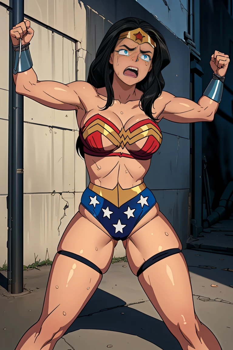 (((SUPERHEROINE WONDER WOMAN vestindo apenas calcinha rendada, lace bra, lacy pantyhose, garter belt, estiletes de salto alto))), ((WONDER WOMAN IS HANDCUFFED in the dirty alley at nightmare))), ((estuprada, surrada, humilhada, derrotada)) ,((SUPERHEROINE mulher maravilha IS A FILTHY OLD WHORE)), ((emotional expression,expression of pain and despair, gritando de dor, expression of suffering, olhos arregalados, maravilha, Wonder is sitting, prrnas abertas), (She's crying a loa tem cabelo preto, ela tem cabelo longo)), ((Ela usa um COLEIRA DE CACHORRO,in the neck), (obra-prima, melhor qualidade) 1.5, 1 garota, sozinho, (sensual, mulher bonita, rosto perfeito, olhos perfeitos), corpo inteiro. tears running down your face)), ((Mulher Maravilha, arms tied behind the back, Shibari, painful restraint by ropes), (((emotional expression,expression of pain and despair, gritando de dor, expression of suffering, olhos arregalados, expression of fear))).
