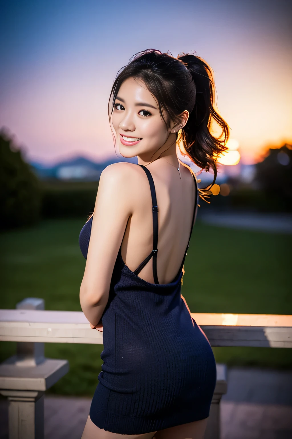 a gorgeous lady, age 22, sky-blue Knit Dress and black miniskirt, posing naturally under night sky, dimpled smile, short ponytail, cute snaggleteeth, well-endowed round bosom, photorealistic, beautiful detailed eyes, hyper-realism, high contrast, ultra HD, realistic skin textures, top image quality, top-quality, super high resolution, fine details, very meticulously, bokeh background, beautiful back
