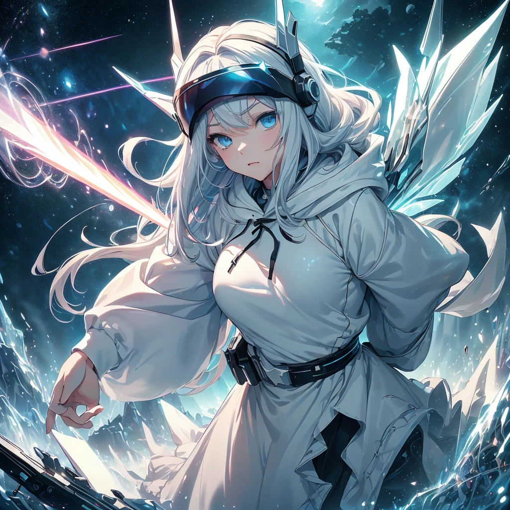 最high quality、Best image quality、masterpiece、 Girls((White and blue hoodie、Black Skirt、18-year-old、 Ager、Best Bust、Large bast,Beautiful light blue eyes, Long silver hair、Slender,Big Valley、Show the whole body、Leaning forward、Attach the VR visor to your eyes、Jump pose、Excited face、Play VR,)),high quality、Beautiful art、background(( Cyber World、Cyber World、Space World))masterpiece、Depth of written boundary,