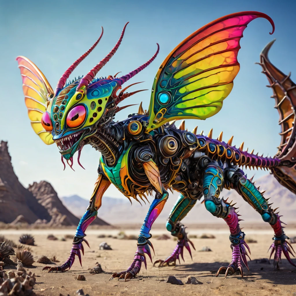 a small bizarre and strange looking part mechanical brightly coloured alien. Showing the entire, highly detailed body from the side. The entire picture is full of details. Strange alien landscapes in the background. Big detailed wings and sharp teeth and fangs. a sharp abdominal stinger. tentacles and antennas and multiple eyes. long spiky legs. Scaley segmented body. Hypnotic and telepathic and psychedelic looking.