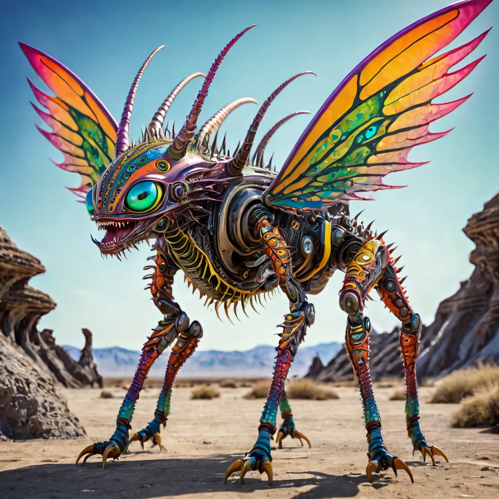 a small bizarre and strange looking part mechanical brightly coloured alien. Showing the entire, highly detailed body from the side. The entire picture is full of details. Strange alien landscapes in the background. Big detailed wings and sharp teeth and fangs. a sharp abdominal stinger. tentacles and antennas and multiple eyes. long spiky legs. Scaley segmented body. Hypnotic and telepathic and psychedelic looking.