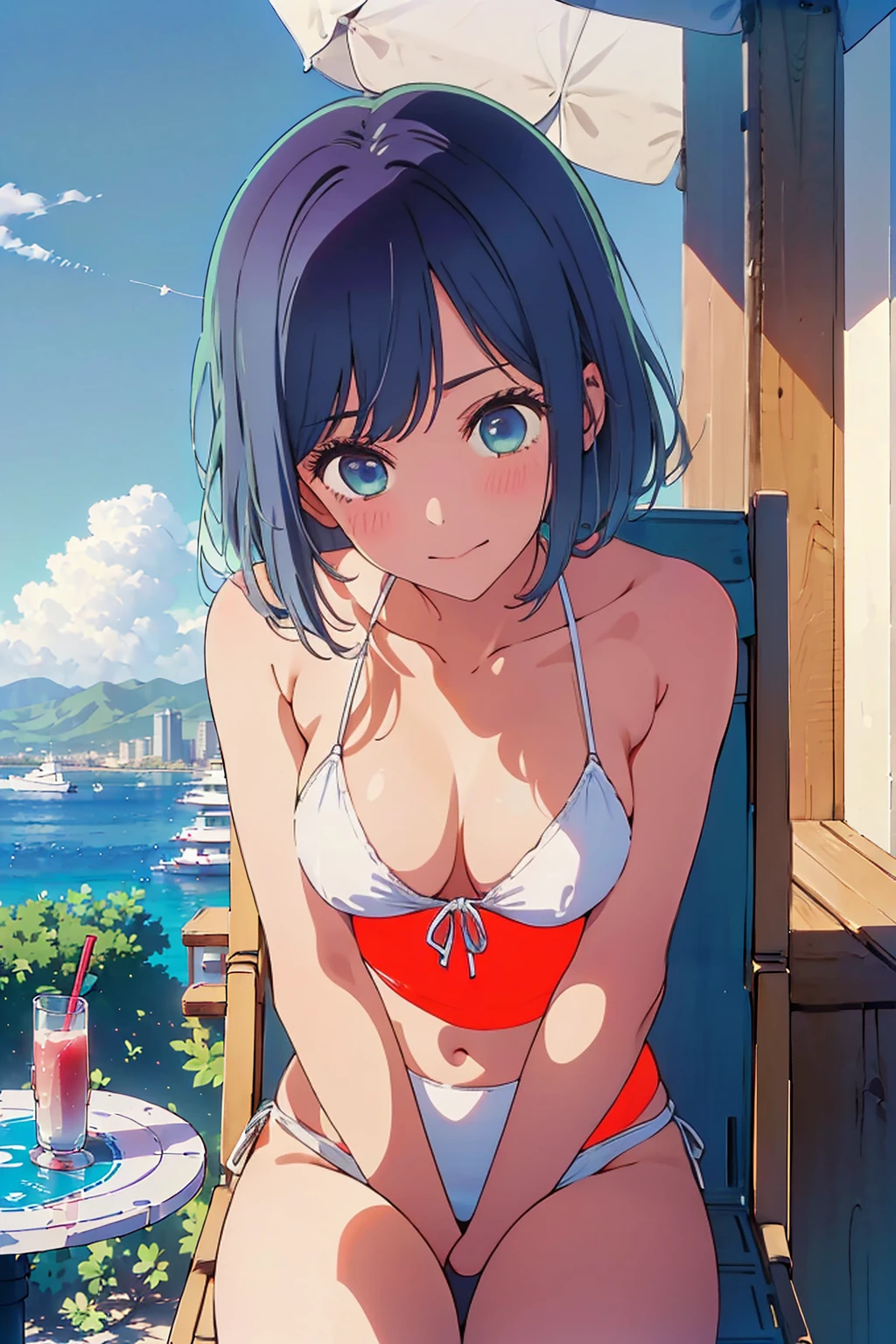 (Highest quality:1.4、8k:1.4,detailed),F cup bust、Big Breasts、Slim and beautiful arms、Slim body、Very white beautiful skin、((((1 person、smile、Swimwear、smile、sit、Chair、In the background are the urban buildings of Tokyo、Outdoor café terrace、coastal、Navy hair color、juice、table、She is wearing a white side-string high-leg bikini、Get up close and take a photo、Shooting from below、Very cute face))))、looking at the camera、Very beautiful face、Very blue sky、A completely cloudless sky、She tilted her head slightly、The atmosphere is bright and lively、The woman is at the center of the image。