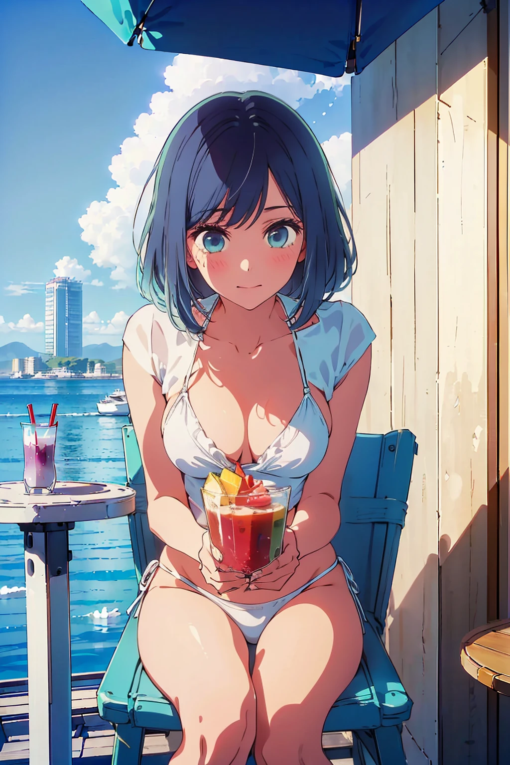 (Highest quality:1.4、8k:1.4,detailed),F cup bust、Big Breasts、Slim and beautiful arms、Slim body、Very white beautiful skin、((((1 person、smile、Swimwear、smile、sit、Chair、In the background are the urban buildings of Tokyo、Outdoor café terrace、coastal、Navy hair color、juice、table、She is wearing a white side-string high-leg bikini、Get up close and take a photo、Shooting from below、Very cute face))))、looking at the camera、Very beautiful face、Very blue sky、A completely cloudless sky、She tilted her head slightly、The atmosphere is bright and lively、The woman is at the center of the image。