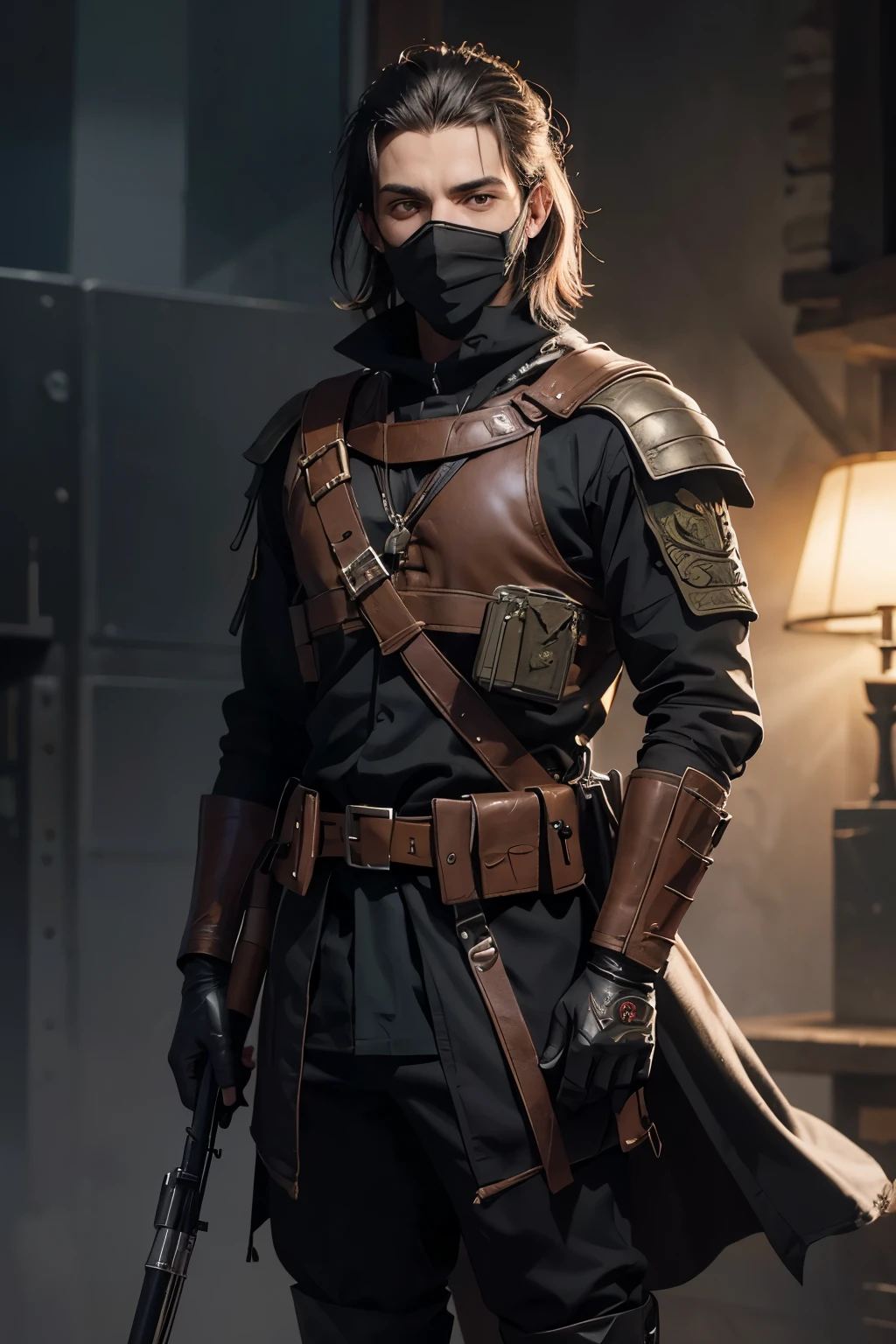 Senário de Guerra,soldado tatico, with his iconic mask, advances silently. Do outro lado, um soldado moderno, equipped with advanced technology, respira pesado, pronto para o confronto. Dense fog and darkness create a tense atmosphere. Dois guerreiros, separados pelo tempo, prepare for a duel that will determine who dominates the shadows. Red and black colors.