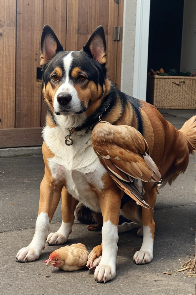 A dog with chicken