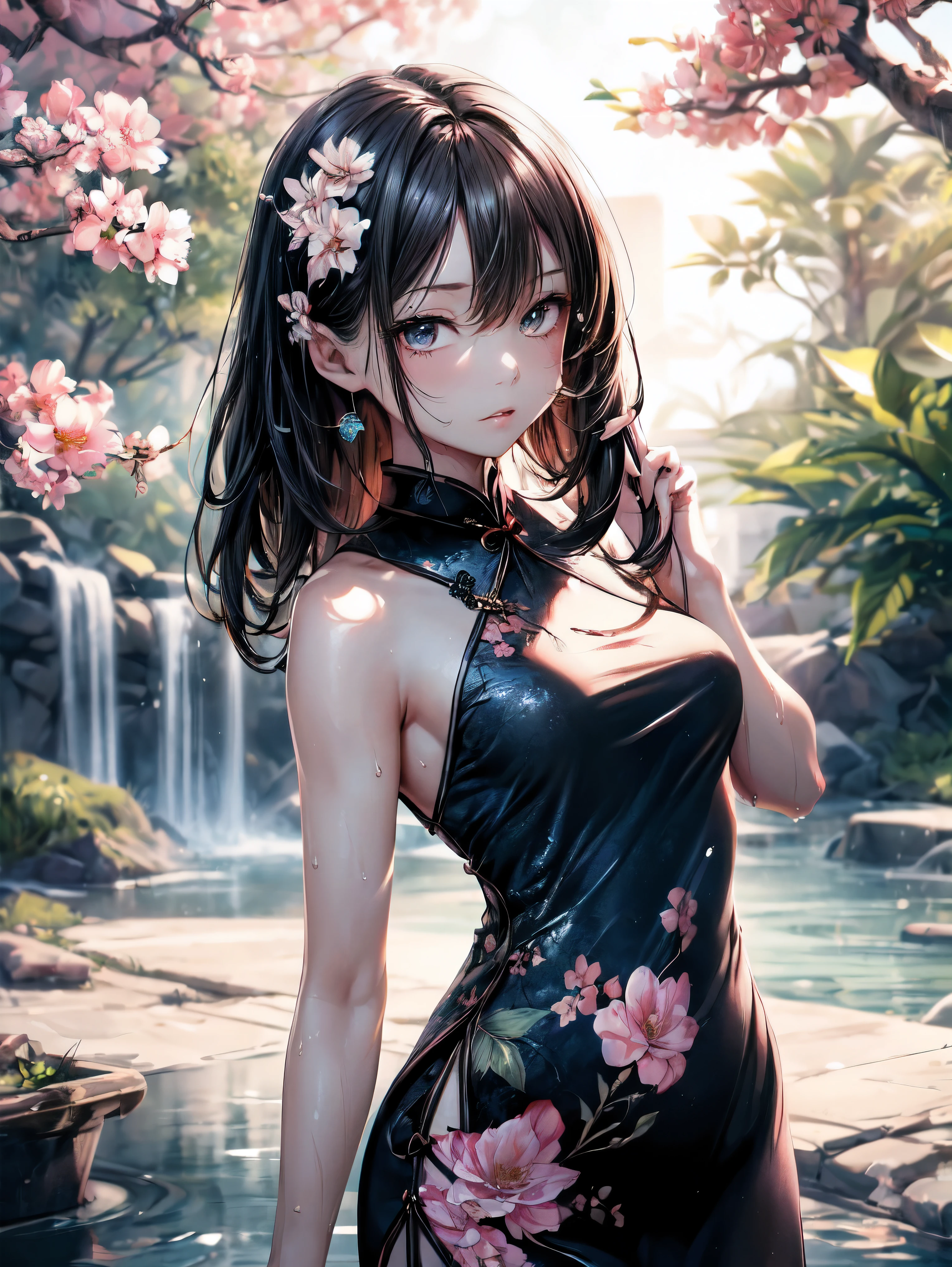 (A 7-year-old girl:1.2), (very young little girl), loli, (Solo), (small breast), (wide angle), raw photo, Aesthetic, Convoluted, Awarded, chiaroscuro, Best Quality, Detailed background, (Misty atmosphere:1.2), (hard rainy day:1.1),((Girl in black cotton cheongsam:1.2)), large black cotton cheongsam, long black cheongsam with a cotton texture, very long black cheongsam, best wrinkles, real wrinkles, best shadows, (wet, wet body, wet hair, wet skin, very wet black cheongsam, reflection on the wet cheongsam, delicate cherry blossom embroidery, subtle water droplets:1.15), (water spray:1.1), (Cloth cheongsam, best cheongsam wrinkle, Transparent mucus wrapping), (Walk through the (Mist dark Zen Garden)), (Real location), Delicate and beautiful eyes, Casual pose, Detailed textures, Posing, (Anatomically correct body, detailed face, (very detailed textures cheongsam with floral pattern), (black hair), Voluminous hair, Hair Ornament, vivid colors, calm expression, look at viewer, peaceful scenery, clean and fresh feeling, Beautiful and detailed water