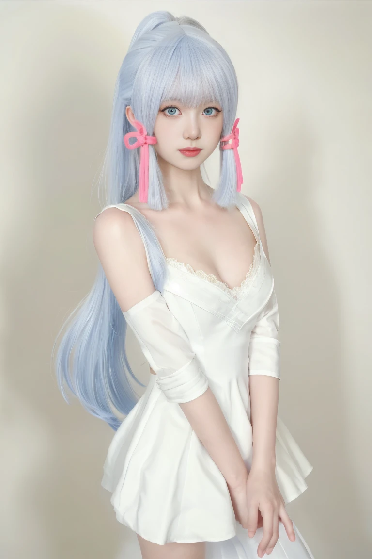 best quality, tmasterpiece,Ultra-high resolution,Clear face,(Reality:1.4),ferpect lighting,(upper body shot:1.5), (photorealistic:1.50), anime wallpaper, Guviz style artwork, cover-up fantasy up to magic , by Yang J, Guviz, beautiful artwork illustration, beautiful digital artwork, beautiful digital illustration, Li Song, beautiful anime portrait, art style in Beauvot,1girl, solo, long hair, white hair, Ponytail hair, Hair ribbon, Red ribbon, Bangs, hair ornament, (Bandage clothes:1.3), (short dress:1.3), (white dress),Thigh, standing,(super Giant breast:1.10),(Sagging breasts:1.5),(Cleavage:1.5),(blue eyes:1.5),
