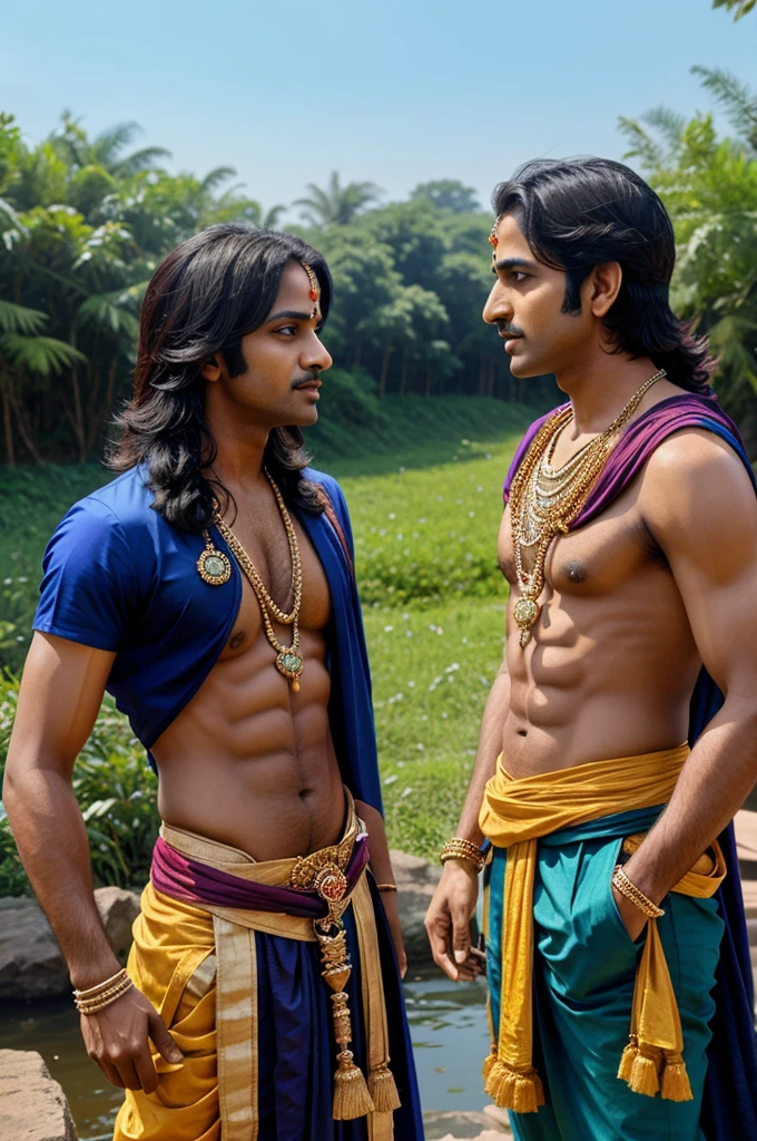 Krishna talking with arjuna hyoer realistic with kurukshetra background