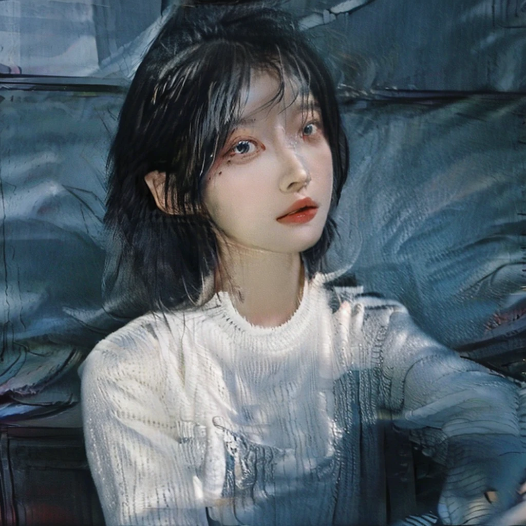 a girl in a white sweater, beautiful detailed eyes, beautiful detailed lips, extremely detailed face and portrait, long eyelashes, intricate knitted pattern on sweater, soft glowing lighting, highly detailed, 8k, photorealistic, cinematic, dramatic lighting, warm color tones, serene, peaceful, 