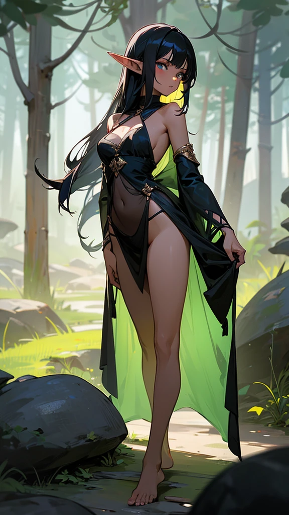 Black-haired young elf with pointed ears，Dark skin，black persian clothing，Transparent long skirt，Bare waist，thong，cleavage，，barefoot，Standing，forest