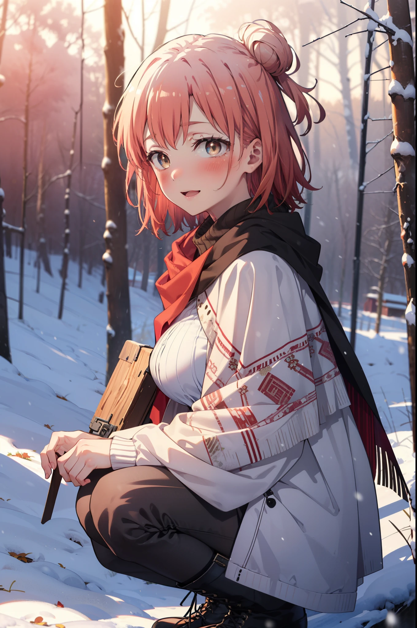 yuiyuigahama, yui yuigahama, short hair, (Brown eyes:1.5), (Pink Hair:1.2), Hair Bun, single Hair Bun, smile, (Big Breasts:1.2),smile,blush,White Breath,
Open your mouth,snow,Ground bonfire, Outdoor, boots, snowing, From the side, wood, suitcase, Cape, Blurred, forest, White handbag, nature, Squat, Mouth closed,Cape, winter, Written boundary depth, Black shoes, red Cape break looking at viewer, Upper Body, whole body, break Outdoor, forest, nature, break (masterpiece:1.2), Highest quality, High resolution, unity 8k wallpaper, (shape:0.8), (Beautiful and beautiful eyes:1.6), Highly detailed face, Perfect lighting, Highly detailed CG, (Perfect hands, Perfect Anatomy),