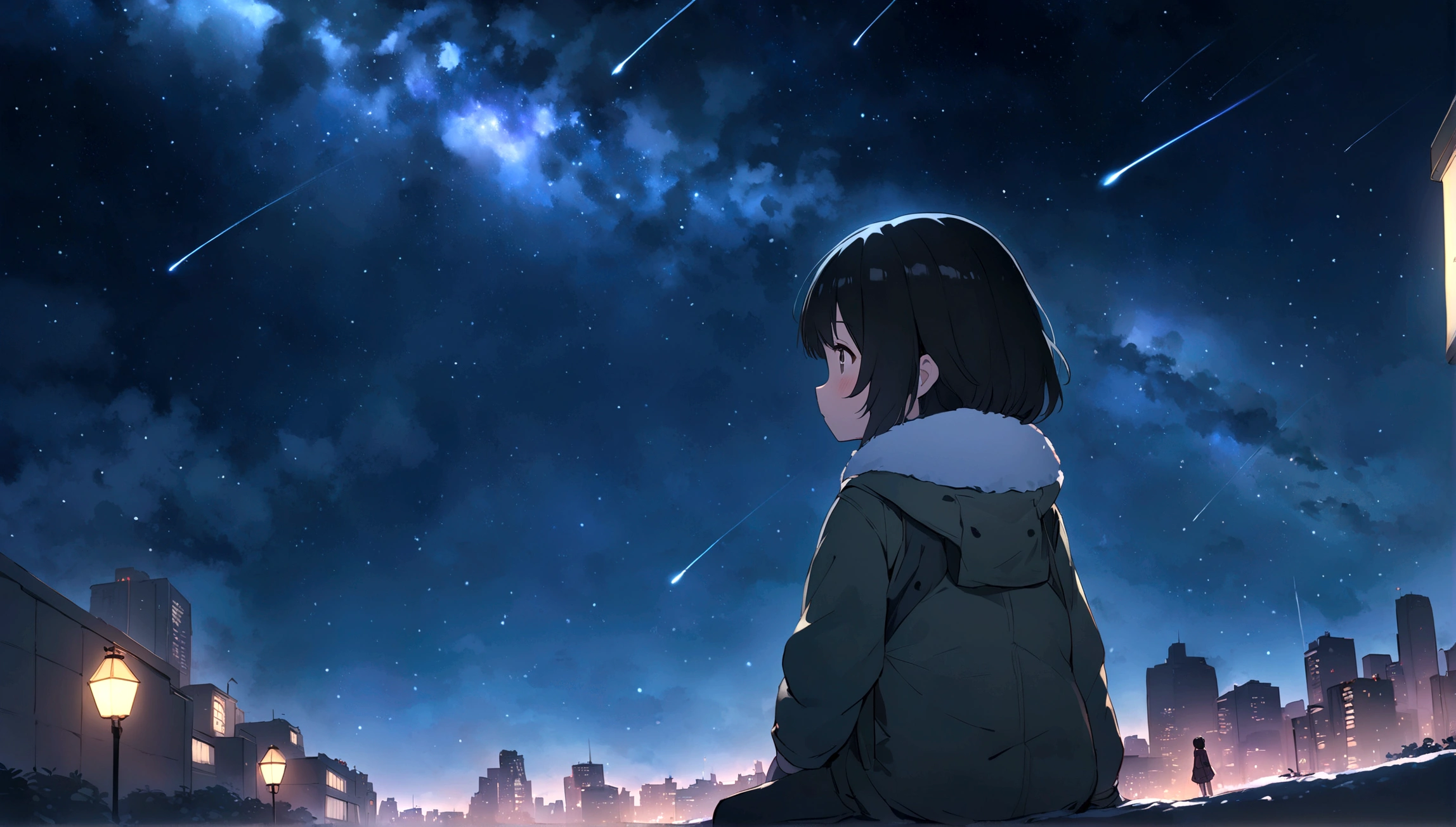 City of night、The sky is wonderful、meteor、3 sitting on top of a building、Black Hair、Back view、The city is bright with streetlights、Highest quality、Anime Scenery、Xin Haichen、building、Field、Milky Way 110207, Distant 3 year old at the,(Zoom out:1.1),(meteor:1.2)、(comet:1.1,yourname、Low Angle、From behind、Alola、shooting star、snow、Standing in the Field、Highest quality、masterpiece、cloud、colorful、Starry Sky、
