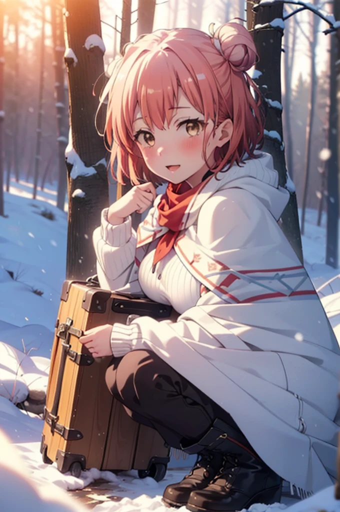 yuiyuigahama, yui yuigahama, short hair, (Brown eyes:1.5), (Pink Hair:1.2), Hair Bun, single Hair Bun, smile, (Big Breasts:1.2),smile,blush,White Breath,
Open your mouth,snow,Ground bonfire, Outdoor, boots, snowing, From the side, wood, suitcase, Cape, Blurred, forest, White handbag, nature, Squat, Mouth closed,Cape, winter, Written boundary depth, Black shoes, red Cape break looking at viewer, Upper Body, whole body, break Outdoor, forest, nature, break (masterpiece:1.2), Highest quality, High resolution, unity 8k wallpaper, (shape:0.8), (Beautiful and beautiful eyes:1.6), Highly detailed face, Perfect lighting, Highly detailed CG, (Perfect hands, Perfect Anatomy),