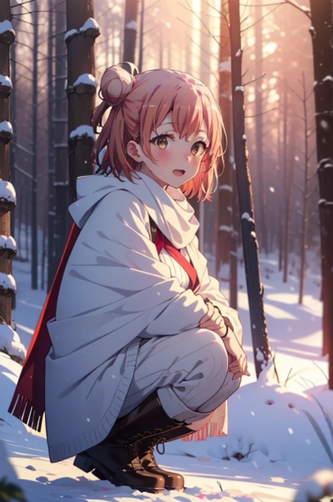 yuiyuigahama, yui yuigahama, short hair, (Brown eyes:1.5), (Pink Hair:1.2), Hair Bun, single Hair Bun, smile, (Big Breasts:1.2),smile,blush,White Breath,
Open your mouth,snow,Ground bonfire, Outdoor, boots, snowing, From the side, wood, suitcase, Cape, Blurred, forest, White handbag, nature, Squat, Mouth closed,Cape, winter, Written boundary depth, Black shoes, red Cape break looking at viewer, Upper Body, whole body, break Outdoor, forest, nature, break (masterpiece:1.2), Highest quality, High resolution, unity 8k wallpaper, (shape:0.8), (Beautiful and beautiful eyes:1.6), Highly detailed face, Perfect lighting, Highly detailed CG, (Perfect hands, Perfect Anatomy),