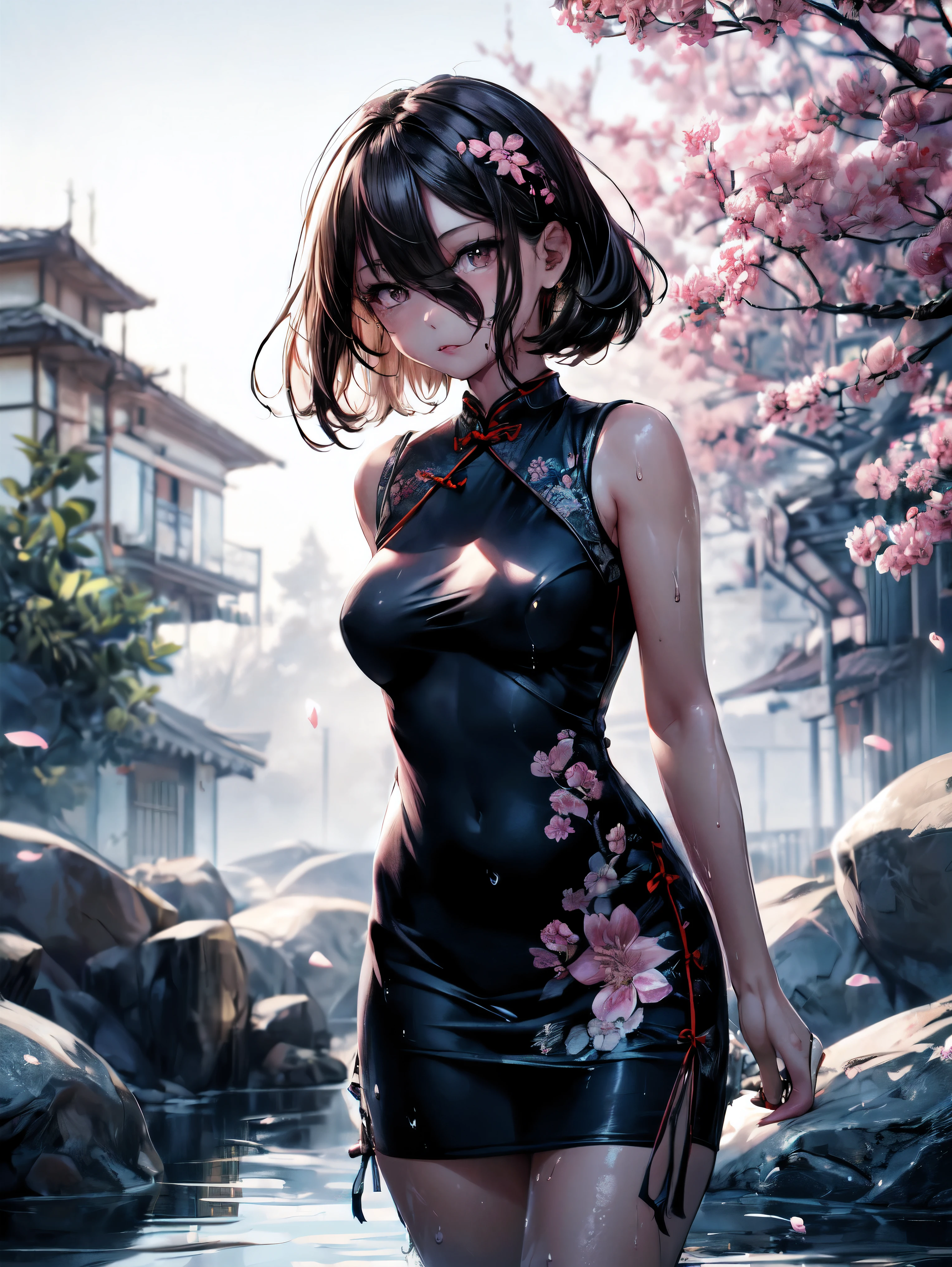 (A :1.2), (very young little girl), l, (small breas(wide angle), raw photo, Aesthetic, Convoluted, Awarded, chiaroscuro, Best Quality, Detailed background, (Misty atmosphere:1.2), (hard rainy day:1.1),((Girl in black cotton cheongsam:1.2)), large black cotton cheongsam, long black cheongsam with a cotton texture, very long black cheongsam, best wrinkles, real wrinkles, best shadows, (wet, wet body, wet hair, wet skin, very wet black cheongsam, reflection on the wet cheongsam, delicate cherry blossom embroidery, subtle water droplets:1.15), (water spray:1.1), (Cloth cheongsam, best cheongsam wrinkle, Transparent mucus wrapping), (Walk through the (Mist dark Zen Garden)), (Real location), Delicate and beautiful eyes, Casual pose, Detailed textures, Posing, (Anatomically correct body, detailed face, (very detailed textures cheongsam with floral pattern), (black hair), Voluminous hair, Hair Ornament, vivid colors, calm expression, look at viewer, peaceful scenery, clean and fresh feeling, Beautiful and detailed water