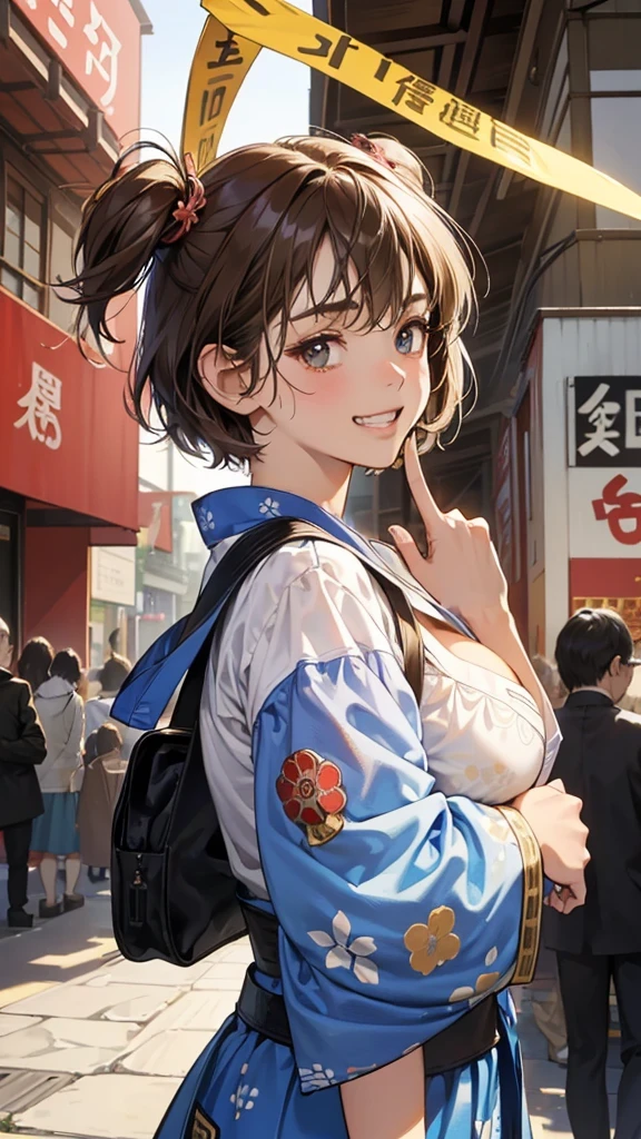 (perfect anatomy:1.2)(absurdres, highres, ultra detailed),masterpiece,best quality,high resolution,8k,Realistic face,Realistic skin texture,magnified textures, stunning clarity,detailed anime girl,(ultra detailed eyes and face),(14 years old:1.2),(baby face:1.2),japanese girl,floral printed blue yukata,、(very short hair, two side up:1.4)、tareme,light brown hair:1.2,kanzashi、glamor、short stature、(grin:1.4)、(bust up:1.4),Steampunk in the Edo Period、(Vivid hieroglyph signs and street advertisements:1.2)、busy、(worried about viewer:1.4),autumn、hieroglyph,souk、Shopping Street、Ancient Egyptian statues,reaching out,(tanned skin:1.3 ),big breasts,look up viewer,round face,Shoulder Bare,(from front:1.2),(cleavage cutout:1.2),