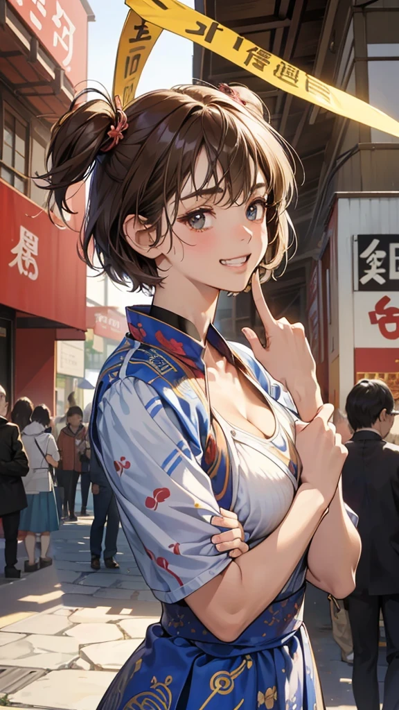 (perfect anatomy:1.2)(absurdres, highres, ultra detailed),masterpiece,best quality,high resolution,8k,Realistic face,Realistic skin texture,magnified textures, stunning clarity,detailed anime girl,(ultra detailed eyes and face),(14 years old:1.2),(baby face:1.2),japanese girl,floral printed blue yukata,、(very short hair, two side up:1.4)、tareme,light brown hair:1.2,kanzashi、glamor、short stature、(grin:1.4)、(bust up:1.4),Steampunk in the Edo Period、(Vivid hieroglyph signs and street advertisements:1.2)、busy、(worried about viewer:1.4),autumn、hieroglyph,souk、Shopping Street、Ancient Egyptian statues,reaching out,(tanned skin:1.3 ),big breasts,look up viewer,round face,Shoulder Bare,(from front:1.2),(cleavage cutout:1.2),