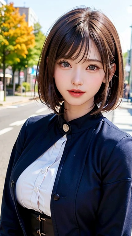 (Face Focus、Very focused、Tilt your head、chestにフォーカス、Underbust、Mid Riff Peak、hyper Realistic、Realistic、Tabletop:1.4, Highest quality:1.4、Add strong highlights to the eyes:1.4、Shiny brunette short bob hair:1.4 ),One Girl, solo, Short black hair, scarf, hat,, Realistic, Looking at the audience, Light brown eyes、 coat, Winter clothes, White headscarf, Lips, Lip gloss:1.4，Bans,Mouth closed, Upper body、Big eyes、Eyelashes、((street))、((Short hair with bangs:1.4、Big eyes、Give students a very strong highlight、{huge|big|hugeな|Mega} chest, chestの谷間、very bigger chest、Staring at the audience、Very beautiful beauty、Listen carefully、Long neck、Smile a little、Please close your mouth and laugh)))、Beautiful adult woman full of charm:1.4、(The autumn leaves are blue when there are no people or cars.々Tree-lined street)