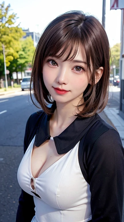 (Face Focus、Very focused、Tilt your head、chestにフォーカス、Underbust、Mid Riff Peak、hyper Realistic、Realistic、Tabletop:1.4, Highest quality:1.4、Add strong highlights to the eyes:1.4、Shiny brunette short bob hair:1.4 ),One Girl, solo, Short black hair, scarf, hat,, Realistic, Looking at the audience, Light brown eyes、 coat, Winter clothes, White headscarf, Lips, Lip gloss:1.4，Bans,Mouth closed, Upper body、Big eyes、Eyelashes、((street))、((Short hair with bangs:1.4、Big eyes、Give students a very strong highlight、{huge|big|hugeな|Mega} chest, chestの谷間、very bigger chest、Staring at the audience、Very beautiful beauty、Listen carefully、Long neck、Smile a little、Please close your mouth and laugh)))、Beautiful adult woman full of charm:1.4、(The autumn leaves are blue when there are no people or cars.々Tree-lined street)