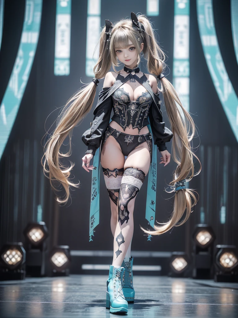 (Full Body View:1.4)、(Side view:1.1)、(Smiling with teeth showing:1.3),(Shibuya Gal:1.5)、(Gothic ta style fashion:1.5)、(Punk RockVisual Kei:1.5)、(Wearing a rhythmic gymnastics bodysuit with intricate details:1.4)、(Cloak de cour with delicate decorations in white, denim and turquoise:1.5)、(Denim with turquoise and white boots:1.3)、((belt))、(Numerous delicate logo marks all over the costume:1.4)、(collar:1.3)、(Striped underwear:1.5)、20-year-old、NSFW、((Highest quality、In 8K、masterpiece:1.3))、Sharp focus:1.2、(Layered Cut、Huge boobs:1.1),Beautiful woman with perfect figure:1.4、(Sexy Gravure Pose:1.3)、Slender Abs:1.2、Highly detailed face and skin texture、Detailed eyes、double eyelid,(Twin tails:1.3)、(Brown-golden hair:1.3)、Gravure idol、(The background is the stage of the fashion show:1.3)、(Slim body:1.3),(Make your legs thinner:1.4),(clavicle:1.1)、(Thin thighs:1.2)