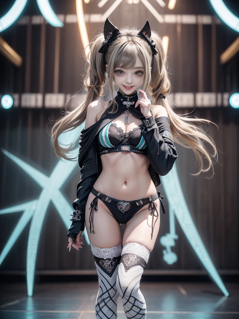(Full Body View:1.4)、(Side view:1.1)、(Smiling with teeth showing:1.3),(Shibuya Gal:1.5)、(Gothic ta style fashion:1.5)、(Punk RockVisual Kei:1.5)、(Wearing a rhythmic gymnastics bodysuit with intricate details:1.4)、(Cloak de cour with delicate decorations in white, denim and turquoise:1.5)、(Denim with turquoise and white boots:1.3)、((belt))、(Numerous delicate logo marks all over the costume:1.4)、(collar:1.3)、(Striped underwear:1.5)、20-year-old、NSFW、((Highest quality、In 8K、masterpiece:1.3))、Sharp focus:1.2、(Layered Cut、Huge boobs:1.1),Beautiful woman with perfect figure:1.4、(Sexy Gravure Pose:1.3)、Slender Abs:1.2、Highly detailed face and skin texture、Detailed eyes、double eyelid,(Twin tails:1.3)、(Brown-golden hair:1.3)、Gravure idol、(The background is the stage of the fashion show:1.3)、(Slim body:1.3),(Make your legs thinner:1.4),(clavicle:1.1)、(Thin thighs:1.2)