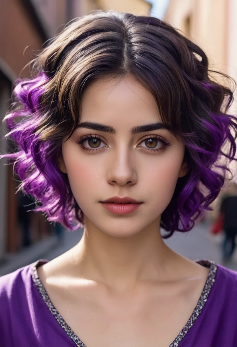 Mujer, linda, His approximate age is twenty years. Es rubia, de cabello rizado y denso,
hairstyle up with some curls falling. Tiene pendientes plateados y
en cuanto a su vestimenta, He seems to be wearing a strange purple medieval carnival costume..
Fondo, una calle oscura