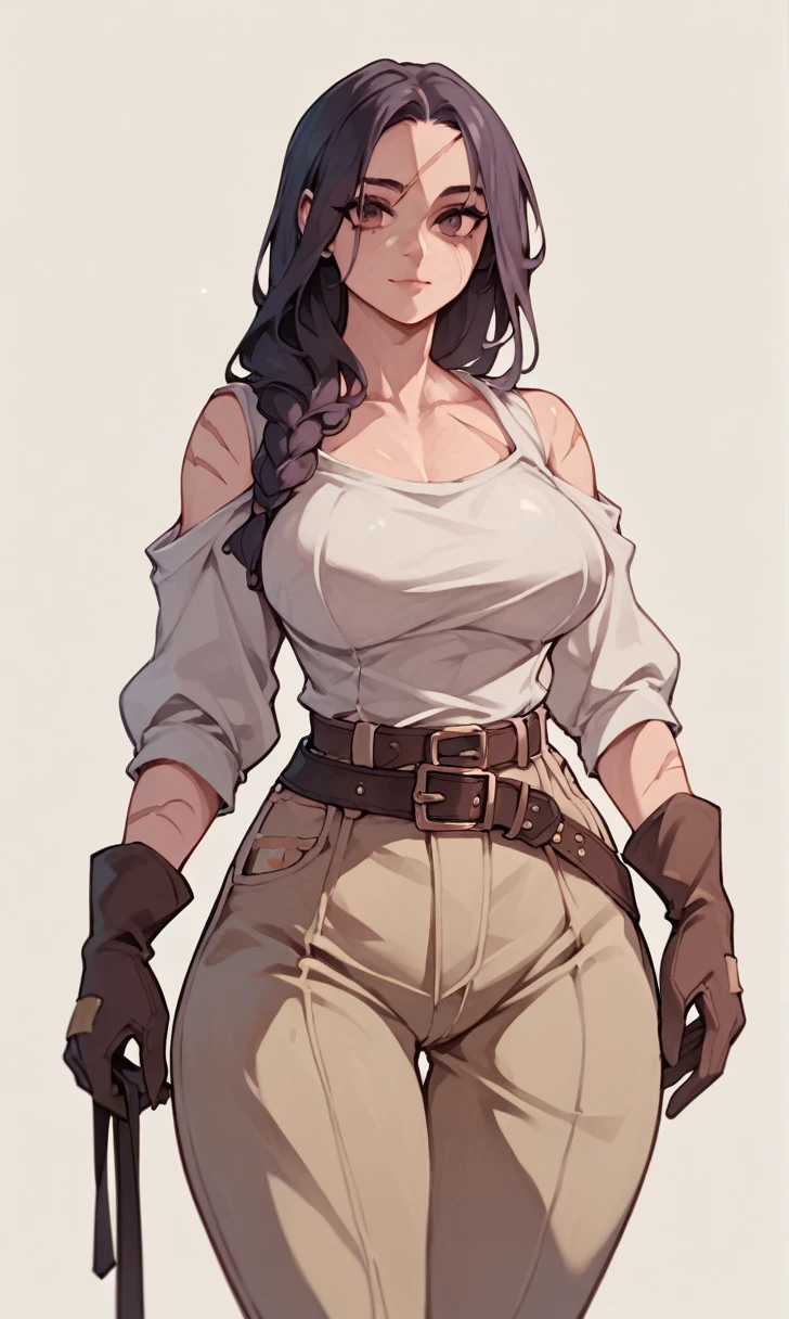 score_9_up,score_8_up,score_7_up,score_6_up,rating_safe,(dark,chiaroscuro,low light),solo,gloves,1girl,female, (rags:1.1),standing,belt,facing viewer, large breasts, wide hips, beautiful, cute, loose clothes, scars,