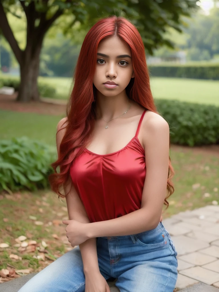 Portrait of 19 years old charming  teenage girl, healthy, beautiful Indian girl, very long red hair, cute and serious, naughty and provoking expression to viewer, ((tight silk top))), jeans, full body, in the park, sexy, ultra-realistic , photorealistic, detailed, light skin, detailed in 8K, [no worries, NSFW,]