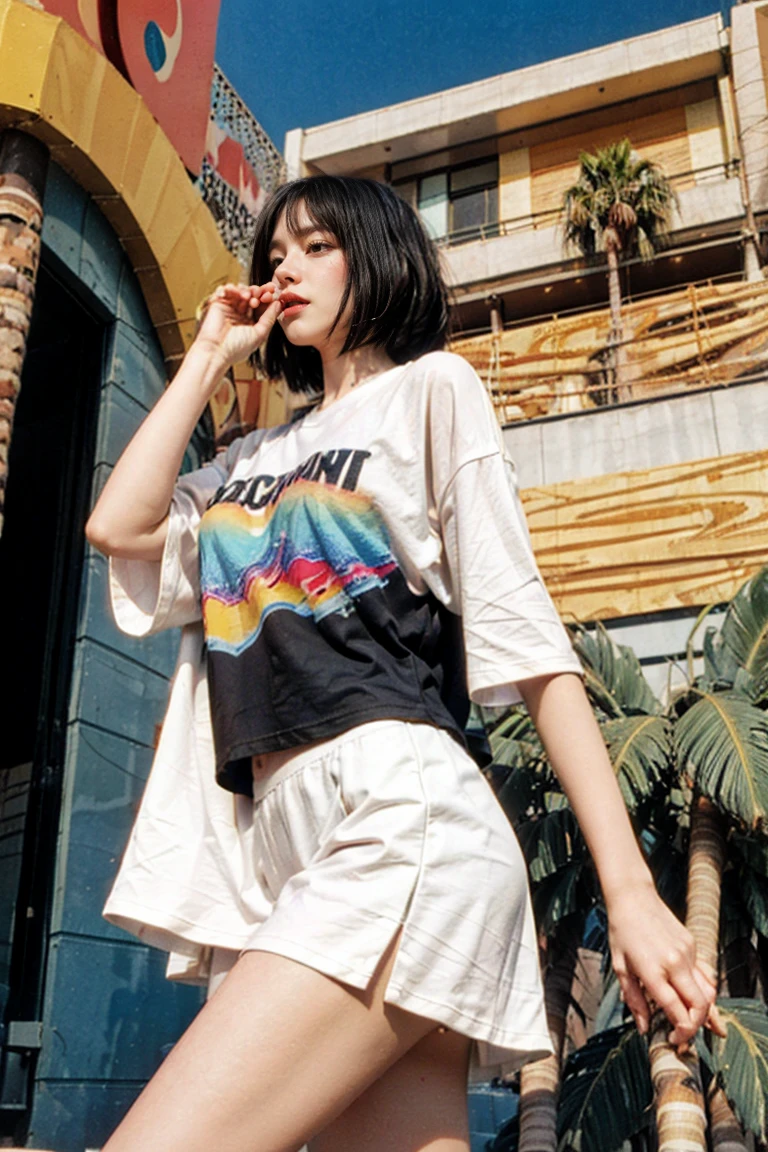 1 girl, beautiful, black bob hair, almond eye, no makeup, blank white tshirt, oversized_untucked tshirt, peach tennis skirt in front of 80's mondrian architecture colorful motel,(from below:1.2), (realistic:1.2), (surreal:1.3), (very detailed:1.1), ((masterpiece)),summer, blue sky, palm trees,sunny, los angles vibes,