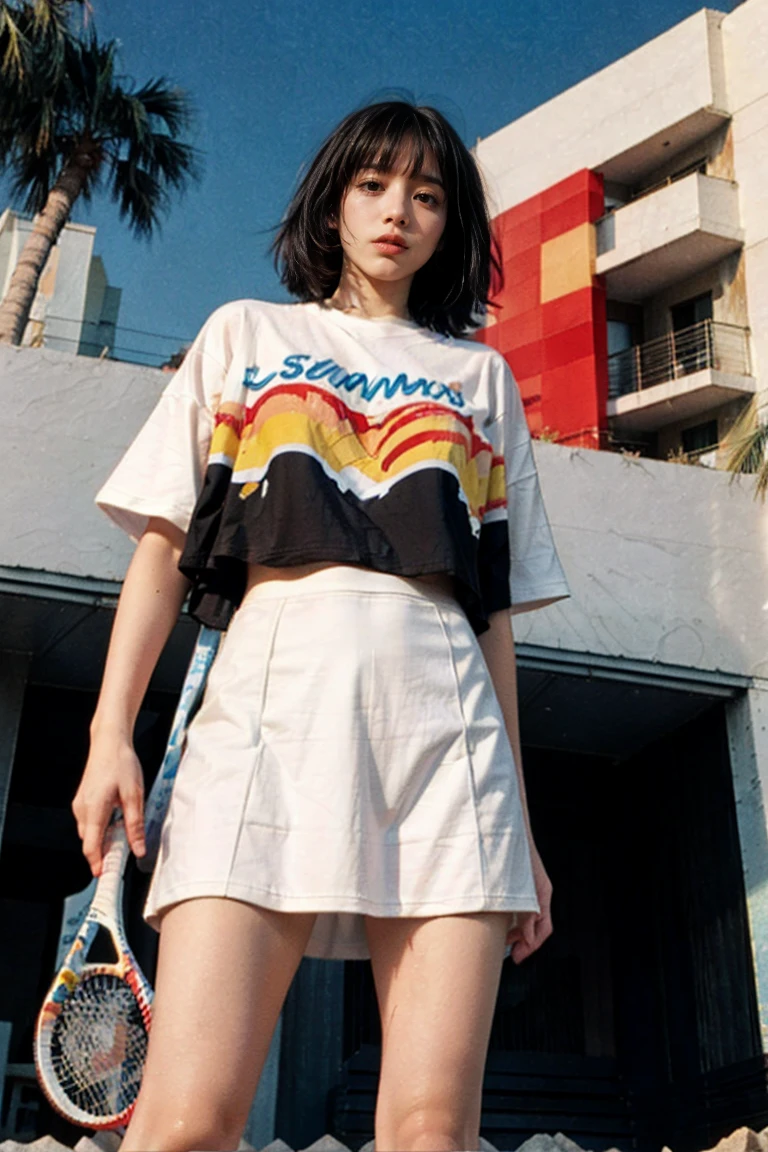 1 girl, beautiful, black bob hair, almond eye, no makeup, blank white tshirt, oversized_untucked tshirt, peach tennis skirt in front of 80's mondrian architecture colorful motel,(from below:1.2), (realistic:1.2), (surreal:1.3), (very detailed:1.1), ((masterpiece)),summer, blue sky, palm trees,sunny, los angles vibes,
