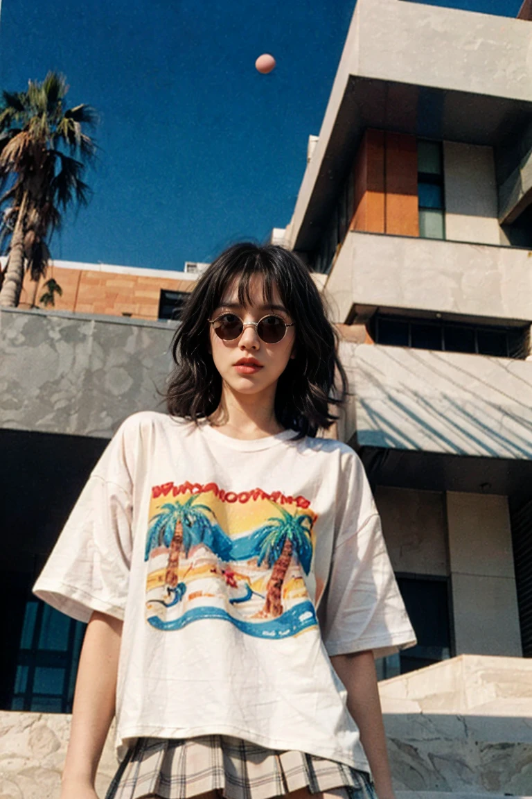 1 girl, beautiful, black bob hair, almond eye, no makeup, blank white tshirt, oversized_untucked tshirt, peach tennis skirt in front of 80's mondrian architecture colorful motel,(from below:1.2), (realistic:1.2), (surreal:1.3), (very detailed:1.1), ((masterpiece)),summer, blue sky, palm trees,sunny, los angles vibes,