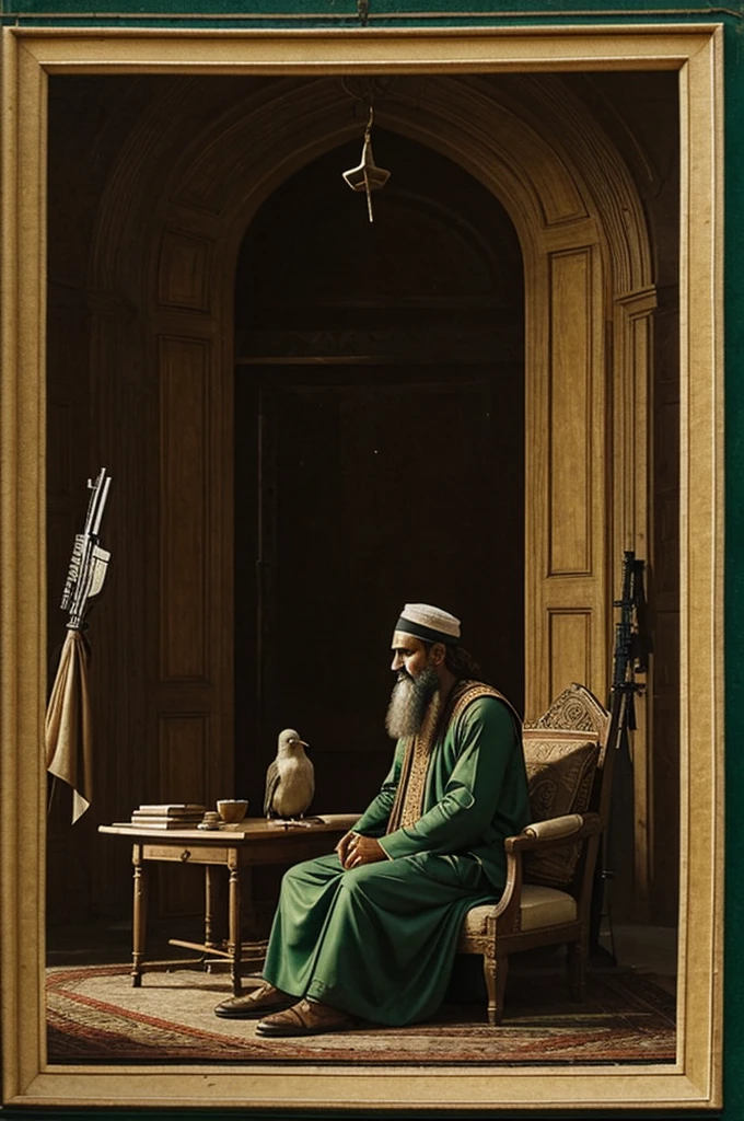 A picture of the Prophet Solomon, peace be upon him, sitting in his sitting room, with a strange bird standing in front of him and appearing to be conveying a message. (Plural of soldiers and winds)