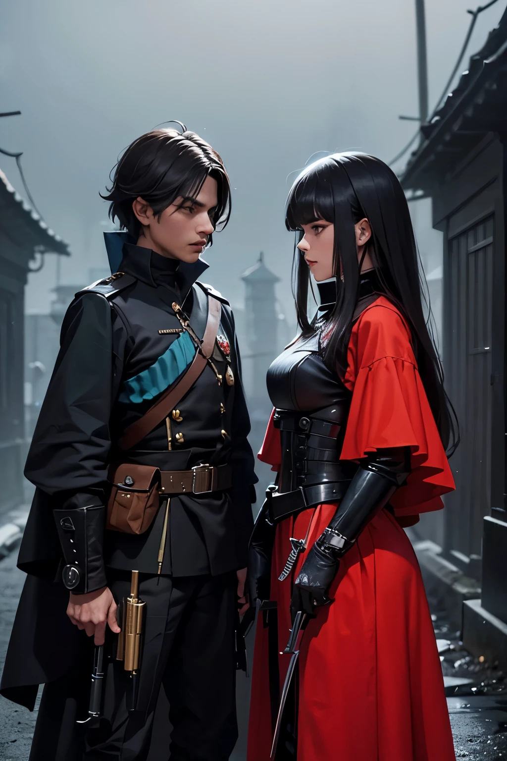 soldado tatico, equipped with guns fire, pronto para o confronto. Dense fog and darkness create a tense atmosphere. Dois guerreiros, separados pelo tempo, prepare for a duel that will determine who dominates the shadows. Red and black colors.