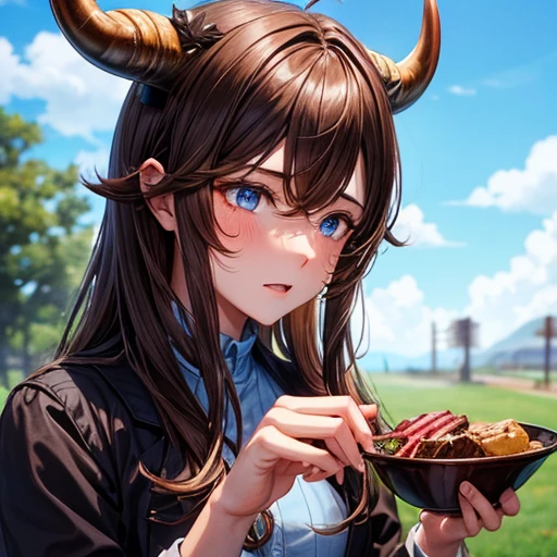 Brown-haired minotaur eating beef Blue-eyed young man Cow horn Cow earless