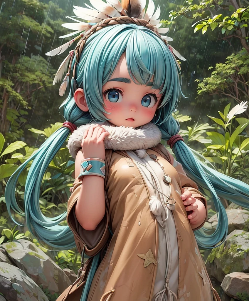(masterpiece、Highest quality、Highest quality、Official Art、Beautiful and beautiful:1.2)、(One Girl:1.3)Hatsune Miku、Twin tails,Big Breasts,  score_9, score_8_in addition, score_7_in addition, score_6_in addition, Classification_Explicit, 1 Girl, ((18 years:1.2)),(Highest quality,High resolution,Very detailed,Actual),Native American Ariana Grande,(Wild Indian Native American:1.4), lip, Big bright eyes, Bright Blue Eyes, ((Ruby:1)), (cabello ondulado length trenzado nativo indio: 1.2), (female Born in the USA:1.4) ,(native indian feathers :1.4), (Facial details: 1.5, Bright Blue Eyes, Beautiful Face, Cute eyes, Iris Coating, labios Delgados: 1.5, Delgado, pale, Sharp eyebrows, length, Thick eyelashes, Double Tab),(Perfect hand detail : 1.4 ) , (Large leaf in the forest background :1.4), (Born in the USA v2.1), (Born in the USA:1.4), (fondo desierto casa Born in the USA:1.4), (Dynamic cowboy pose),(( Beautiful American Indian Warrior:1.4), (Beautiful American Indian Warrior: v2.1)) , (Bright colors), (Big stone background:1.4 ), (Grassland Background :1.4), (It rains:1.4), (Autumn on the prairie :1.4), (vestidor Born in the USA:1.4), (Real v2.1), (Perfect Anatomy) 