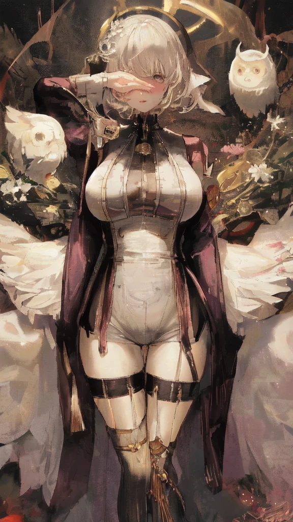 Create an anime character. She is an 18-year-old girl, standing at 157 cm tall. She has a well-proportioned, model-like figure with a youthful face contrasting her mature, beautiful "big sister" body. She has short bobbed hair with see-through bangs, colored white. Her eyes are large, round, and detailed, with sharp eyelashes, displaying charm, sharpness, cunning, and a hint of intimidation. Her eyes are purple with intricate detailing. She has soft, pinchable cheeks with a light pink blush. She has narrow shoulders, a large B cup bust, a slim waist with a slight tummy, wide hips, and thick, shapely thighs with long, beautiful legs.
Her outfit includes an oversized, loose white T-shirt and detailed, well-crafted black shorts. She is a human-owl hybrid, specifically an albino owl. Her personality traits are tsundere, cunning, intelligent, and innocent.
She works as an illustrator, creating highly detailed and luxurious works with sharp details and stunning light and shadow effects. Her works have a "doujin" feel, full-bodied, with simple backgrounds.
The drawing style should be highly detailed and intricate, with clear and refined details, capturing the character's allure and the elegance of her art.