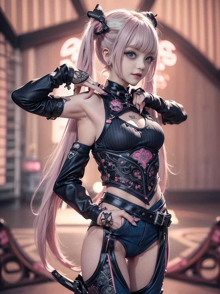 (Full Body View:1.4)、(Back view:1.4)(lotus position:1.1)、(Smiling with teeth showing:1.3),(Shibuya Gal:1.5)、(Gothic Lolita style fashion:1.5)、(Punk RockVisual Kei:1.5)、(Wearing a rhythmic gymnastics bodysuit with intricate details:1.4)、(Racing suit and pants with intricate decorations in magenta, denim and wine red:1.5)、(Red, brown and white boots:1.3)、((belt))、(Numerous delicate logo marks all over the costume:1.4)、(collar:1.3)、(Striped underwear:1.5)、20-year-old、NSFW、((Highest quality、In 8K、masterpiece:1.3))、Sharp focus:1.2、(Layered Cut、Huge boobs:1.1),Beautiful woman with perfect figure:1.4、(Dancing vigorously:1.3)、Slender Abs:1.2、Highly detailed face and skin texture、Detailed eyes、double eyelid,(Twin tails:1.3)、(Pink and cream hair:1.3)、Gravure idol、(The background is the stage of the fashion show:1.3)、(Slim body:1.3),(Make your legs thinner:1.4),（clavicle:1.1）、(Thin and slim thighs:1.3)