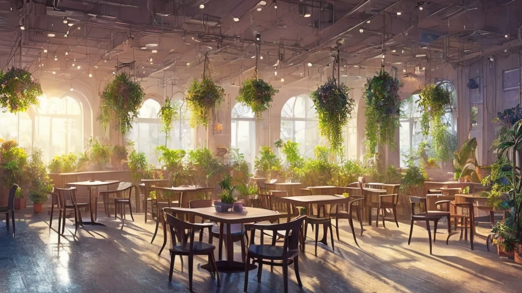 there is a room with a lot of plants and a table, a photorealistic painting by Jang Seung-eop, trending on cg society, fantastic realism, cozy cafe background, lo-fi illustration style, anime background art, lofi artstyle, lofi art, relaxing concept art, cafe interior, highly detailed scene, detailed scenery —width 672