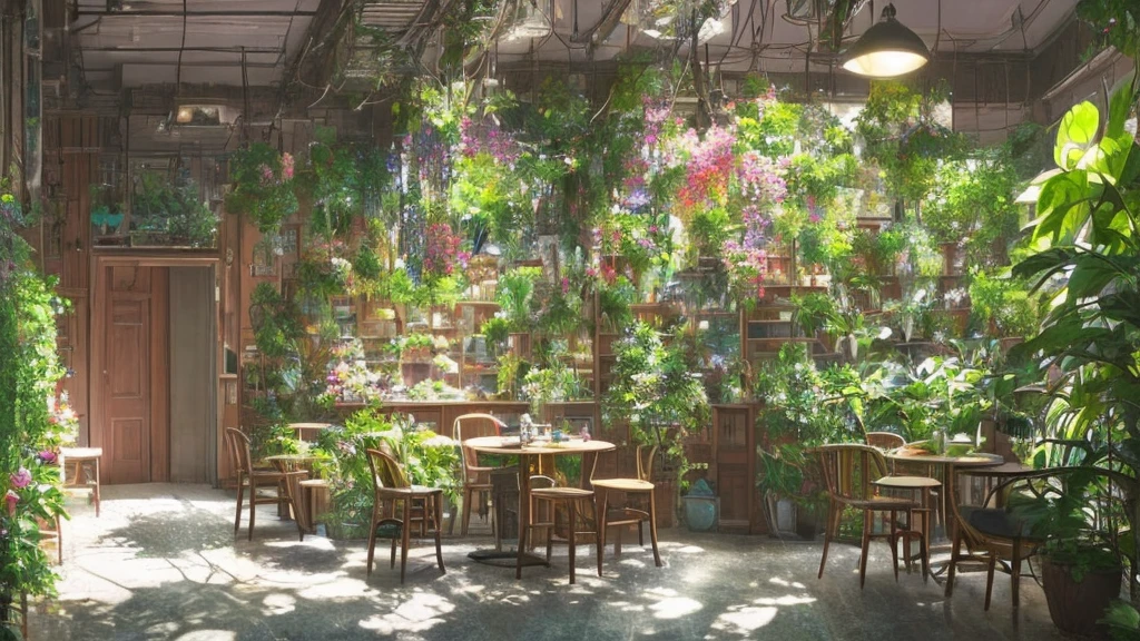 there is a room with a lot of plants and a table, a photorealistic painting by Jang Seung-eop, trending on cg society, fantastic realism, cozy cafe background, lo-fi illustration style, anime background art, lofi artstyle, lofi art, relaxing concept art, cafe interior, highly detailed scene, detailed scenery —width 672
