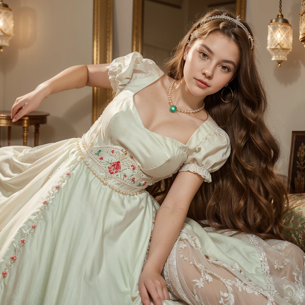 princess, 20 year old European woman, round face, white skin, sharp nose, red cheeks, dimples on the sides of her lips, small red lips, almond-shaped light green eyes, long brown hair to her waist. Long pink Victorian style gown, flowing gown, short sleeves, embroidery, slim body, wearing a pearl necklace, with hair ornaments