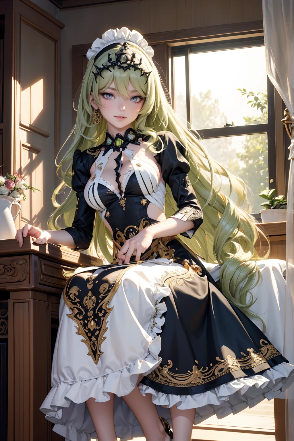 Mobius_(honkai impact 3d), white camelias, ornament hair, a snake girl, perfectly body, perfectly hands, wave hair, light green hair, long hair, maid, maid dress, maid headdress, maid apron, stand up close to the window, kitchen, kitchen scenery, gold lantern, black dress, more details on her clothes, black dress, golden details, night, smiling, coat, ((4k, masterpiece, top-quality)),8k, best quality, high resolution, HD, (illustration:0.8), super cute girl, delicate and beautiful face, 1girl, solo, mature girl, super cute hairstyle, (beautiful detailed eyes:1.6), extremely detailed face, perfect lighting, extremely detailed CG, (perfect hands, perfect anatomy), Best quality, cleavage, skirt, full Body, perfect body, sitting, two legs, two arms, two hands, five fingers