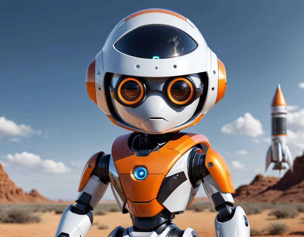 Create an image of a short, childlike, and funny-looking male AI robot character with a predominantly orange and black appearance. He should be wearing a helmet with glasses covering his eyes, but his mouth is visible. He is riding a rocket that is smaller than he is. The background should be white. The AI robot character should have a cheerful expression, and the rocket should look comically small compared to him, emphasizing the whimsical and playful nature of the scene. ((intricate details)), HDR, ((intricate details, super detailed)), cinematic shots