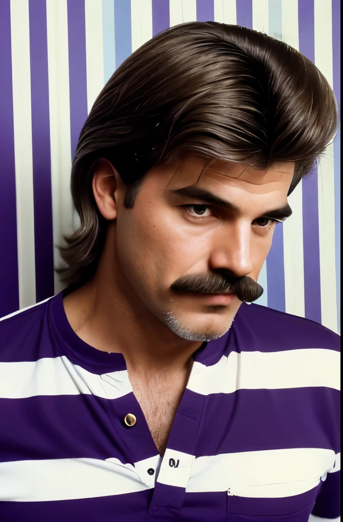 a close up of a man with a mustache and a striped shirt, an album cover by Bruce Gilden, flickr, fantastic realism, 1 9 8 0 s mullet haircut, mullet haircut, he got a big french musctache, 8 0 s haircut, mullet, 8 0's hairstyle, 80s hair, mullet long haircut, purple mullet, 8 0 ’ s portrait