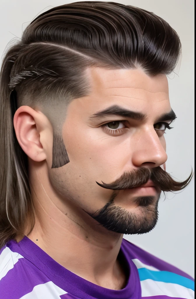a close up of a man with a mustache and a striped shirt, 1 9 8 0 s mullet haircut, mullet haircut, he got a big french musctache, 8 0 s haircut, mullet, 8 0's hairstyle, 80s hair, mullet long haircut, purple mullet, 8 0 ’ s portrait, thick mustache, 1 9 8 0 s hairsprayed hair