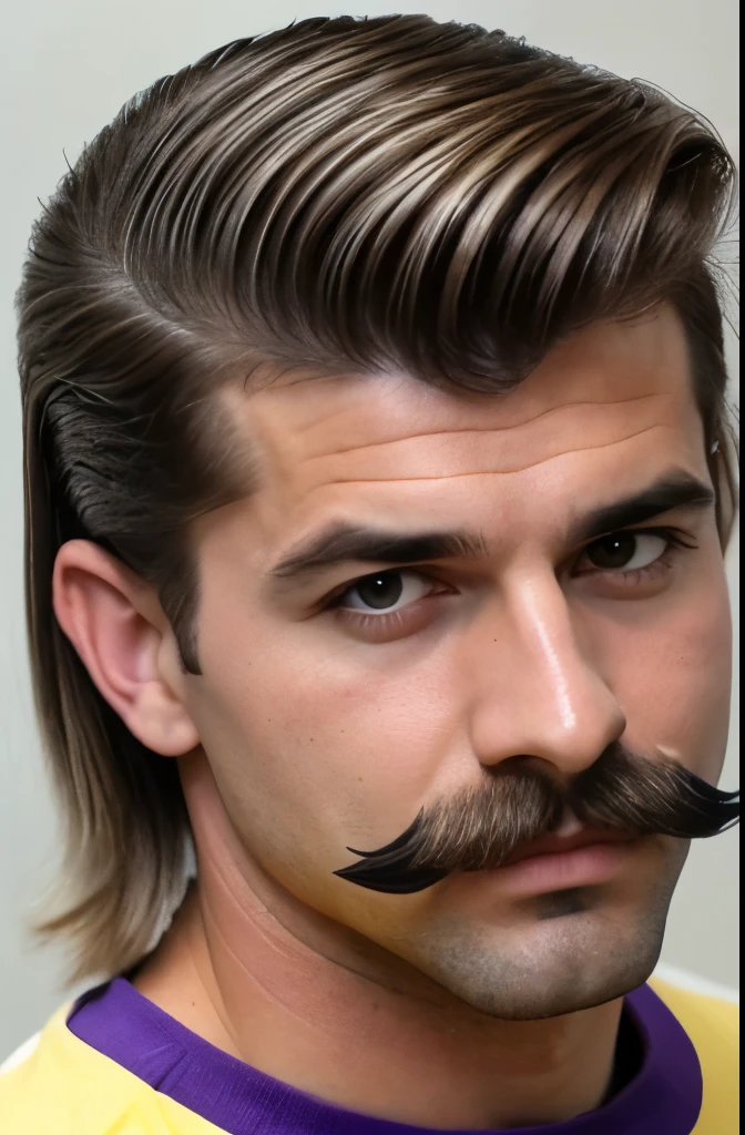 a close up of a man with a mustache and a striped shirt, 1 9 8 0 s mullet haircut, mullet haircut, he got a big french musctache, 8 0 s haircut, mullet, 8 0's hairstyle, 80s hair, mullet long haircut, purple mullet, 8 0 ’ s portrait, thick mustache, 1 9 8 0 s hairsprayed hair