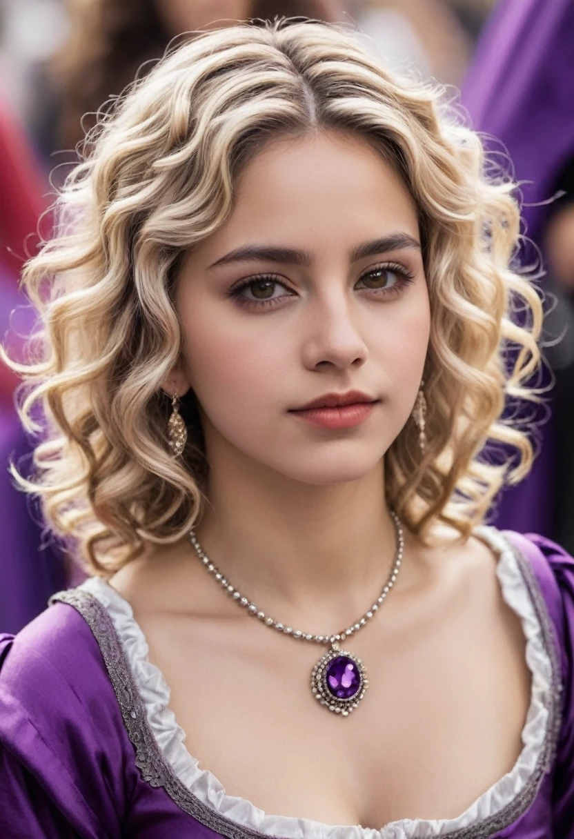 Mujer, linda, His approximate age is twenty years. Es rubia, de cabello rizado y denso,
hairstyle up with some curls falling. Tiene pendientes plateados y
en cuanto a su vestimenta, He seems to be wearing a strange purple medieval carnival costume..
