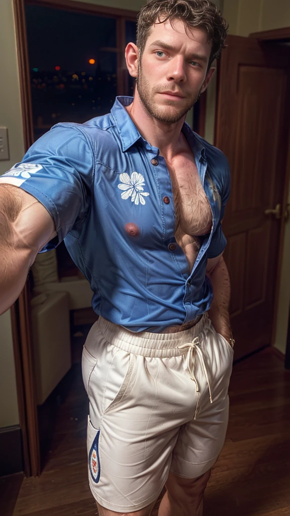 Masterpiece, denoise, void noise, one man, best quality, 8k resolution, male focus, focus only, amazing composition, volumetric lighting, super quality, elegant, Very detailed, beach, front view, facing viewer , -----------, 35 years old, mature face, muscular, thin body, Caucasian, (((white skin, pale skin))), handsome, (detailed light-blue eyes), light brown hair, big ears, (((hairy pectorals, thick plenty chest and body hair))), ((Medium long beard)), (((((Jim Sturgess Russell Tovey mixed face and hair))))), (((big nipples, perky nipples))), ------------, ((((detailed shorts)))), ((((clear color hawaiian style short sleeve shirt)))), (((holding frame pov: like taking a selfie))),
