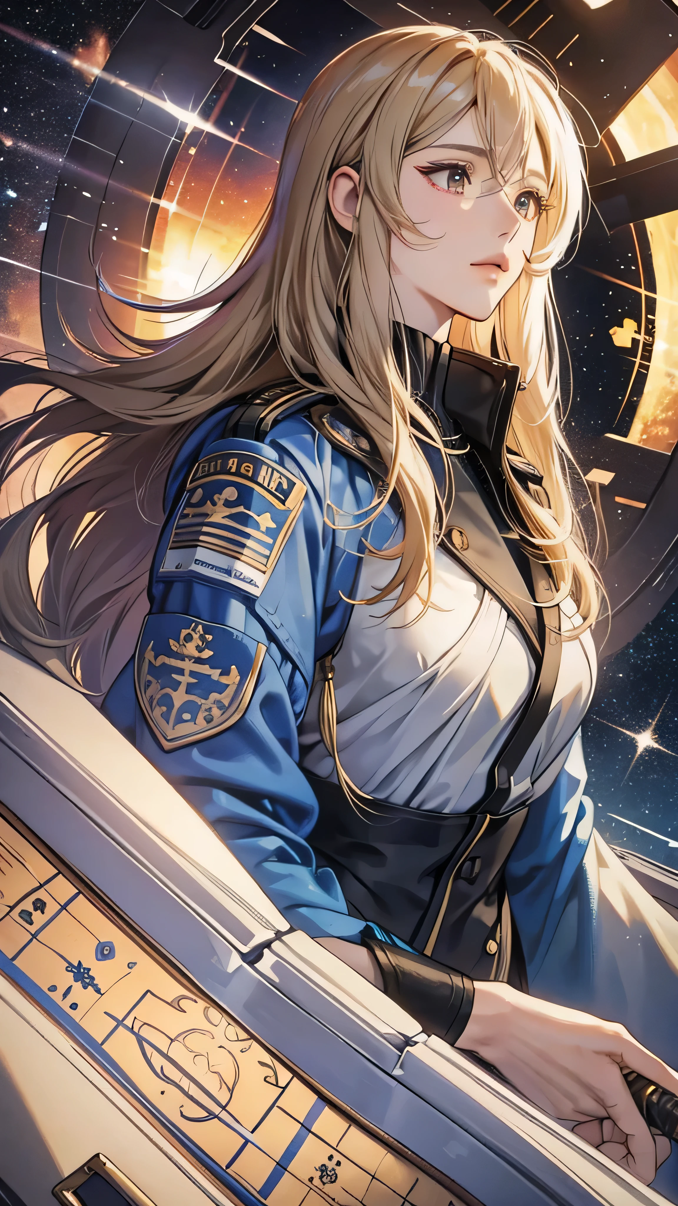 A scene from a movie，masterpiece: Space Battleship Yamato 2202: High-definition images of Yuki Mori，　 Exquisite details、Ultra-realistic:2.0、 Sparkling metallic body、Complex Panel、Curved and sleek design、 Floating in the air、Nebulae and stars that accentuate its silhouette々、（Yellow body armor）A high-resolution image of Yuki Mori, a crew member giving instructions from inside the ship, dressed in a、 Gorgeous coat of arms jacket、